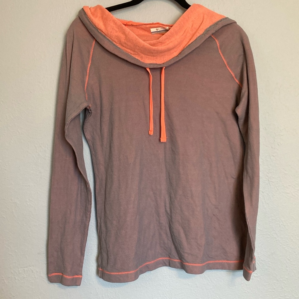 Columbia Womens Size L Grey Orange Contrast Cowl Hoodie Drawstrings Lightweight